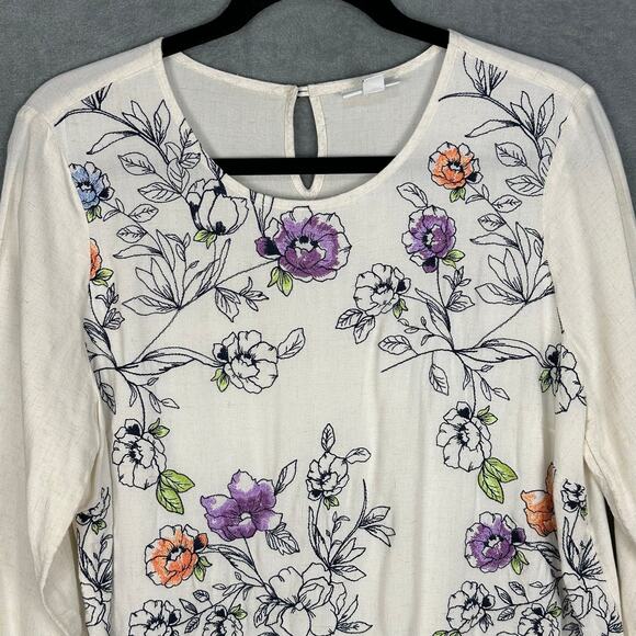J Jill Top Womens Medium Cream Floral Embroidered Linen Tunic Lightweight Spring - Picture 2 of 12